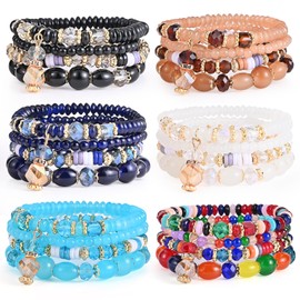 Bohemian Bracelet Sets for Women - 6 Sets Stackable Stretch Bracelets Multi-color Boho Jewelry for Women Hippie Bracelets Dainty Jewelry (Crystal Mixed Colors Bracelet)