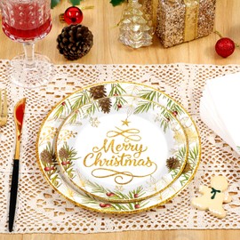 Homlouue Christmas Paper Plates and Napkins, Christmas Tree Gold Plates and Napkins Disposable, Christmas Dinner Plates for Christmas Xmas Holiday Winter Dinner, Merry Christmas Plates for Party