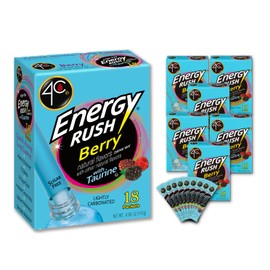 4C Energy Rush Stix, Berry 6 Pack, 18 Count, Single Serve Water Flavoring Packets, Sugar Free with Taurine, On the Go Bundle