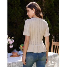 GRACE KARIN Women's Casual Summer Short Sleeve Cardigan V-Neck Button Cardigan Waist Ruffle Hem Cardigan Elegant Outing Cardigan, apricot