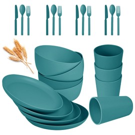 afcevnlb 24pcs Wheat Straw Dinnerware Sets, Wheat Straw Plates and Bowls Sets for 4 Microwave Dishwasher Safe Lightweight （Green）