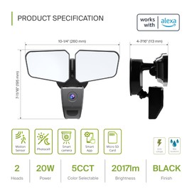 ASD LED Security Floodlight 2 Square Heads 20W 120V 2700/3000/3500/4000/5000K with Smart Camera and 180° Motion Sensor Black UL DLC Premium
