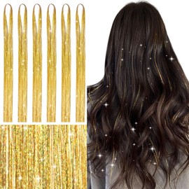 WENNALIFE Hair Tinsel, Champagner 120CM Haar Lametta 1200 Glitzer Haarsträhnen Kit Glitzersträhnen für Haare Festival Party Haar Glitzer Tinsel Hair Fairy Hair für Mädchen