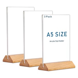 Rifeinoo A5 Acrylic Stand, Pack of 3 Table Stands A5 with Wooden Base Base, Menu Card Holder Poster Stand Can Stand Poster, Flyer, Menus, T Stand for A5 Sheets (A5 Verticals)