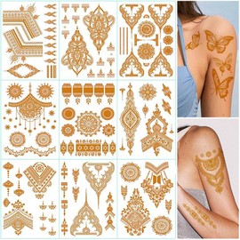 Lezed 9 Sheets Gold Temporary Tattoos, Metallic Festival Accessories, Adult Party Accessories, Used for Everyday Accessories for Girls' Holiday Parties.