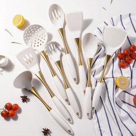 BRIIEC 8pcs Silicone Cooking Utensils with Strong Gold Handle, Rubber Kitchen Essentials for Home Apartment, Silicone Spatula Cooking Spoons for Nonstick Cookware - Golden Handle