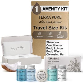Terra Pure White Tea & Coconut Amenity Kit | Hotel Bulk Toiletries | 1 oz Shampoo, Conditioner, Lotion, Body Wash, Cleansing Bar for Guest Hospitality Vacation Rentals | 1 Set/Case
