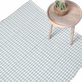 100% Cotton Gingham Check Rug Hand Woven Light Blue White 70 x 120 cm Washable at Home Kids Room or Large Bath Mat