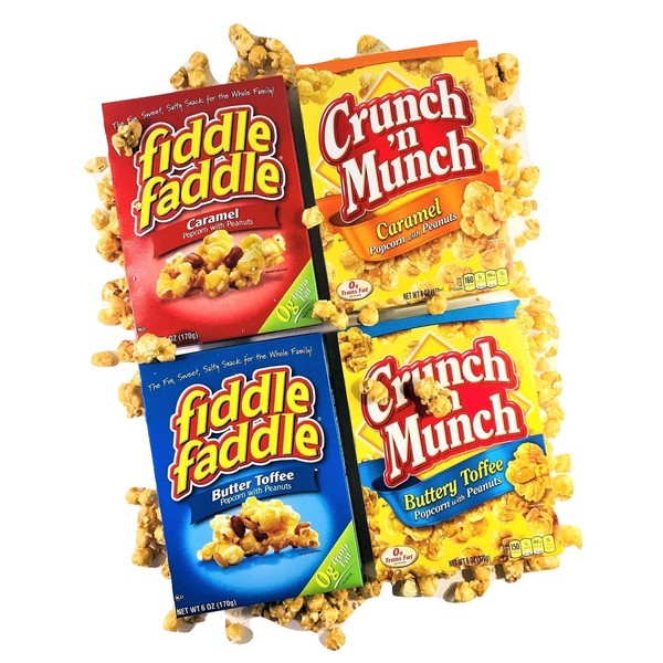 Crunch n Munch, Fiddle Faddle Ideal Variety 4 Pack - 2 Crunch n Munch (Caramel and Buttery Toffee) Plus 2 Fiddle Faddle (Butter Toffee and Carmel)| A Box of Each Popcorn Snack Flavor (4 Boxes)