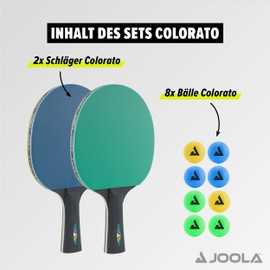 JOOLA 54814 Tischtennis-Set COLORATO Bestehend aus 2 Tischtennisschläger + 8 Bunte Tischtennisbälle, Einheitsgröße