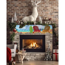 Victoroes Hello Summer Mantle Scarf 60 x 17 Inch, Tropical Beach Chair Coconut Tree Fireplace Mantel Scarf Mantel Cover Runner for Home Living Room Indoor Holiday Party Decor