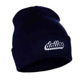 I&W Classic USA Cities Winter Knit Cuffed Beanie Hat 3D Raised Layer Letters, Dallas Navy, White Black