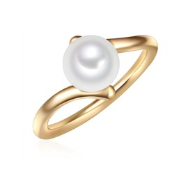 Valero Pearls Women's Ring Wave Sterling Silver 925 Yellow Gold-Plated Freshwater Cultured Pearl Button 8 mm White - Modern Ring for Women Pearl Ring Yellow Gold, Silver
