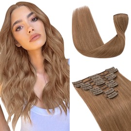 S-noilite 14 Inch Clip in Hair Extensions 100% Human Hair 8Pcs 18Clips Normal Weft Full Head Clip in Hair Extensions for Women Silky Straight Light Auburn Real Hair Extension(60g,#30 Light Auburn)