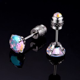 Titanium Screw Back Pack of Earrings Aurora Borealis Cubic Zirconia Studs for Women Men 20G Helix Surgical Stainless Steel Hypoallergenic for Sensitive Ears Simulated Diamond Rainbow, Titanium, Cubic Zirconia