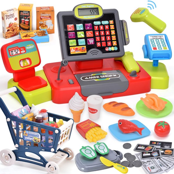 G.C Kids Cash Register Toy Pretend Play with Real Calculator Sound Scanner/Shopping Cart/Food/Play Money, Learning Counter Grocery Store Playset Toys Gift for Kid Boy Girl Age 3 4 5 6 7 8 Years Old