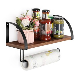 Paper Towel Holder Wall Mount Farmhouse Wood Paper Towel Holder with Shelf Hanging Paper Towel Roll Rack Under Cabinet Spice Rack for Kitchen Bathroom Organizer Rustic Brown