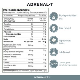 NEWMANITY Adrenal-T GABA + Glicinato de Magnesio y Holy Basil - 200 Capsulas - Contiene Magnesio para Dormir Profundo, Suplemento con GABA, Adaptogenos, L Teanina, Toronjil Curcuma - Capsulas Veganas