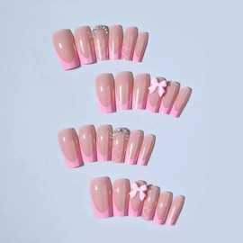 Pink French Tip Press on Nails Medium Fake Nails Coffin False Nails with 3D Bow Charms Design Glue on Nails Rhinestone Full Cover Stick on Nails Heart Acrylic Nails for Women 24Pcs