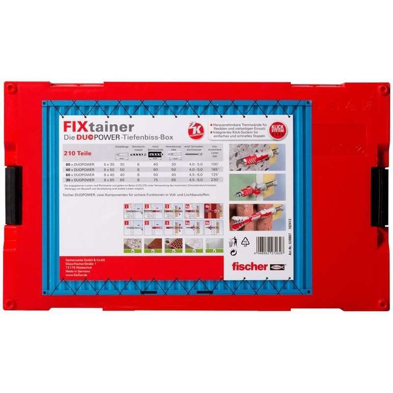 fischer FIXtainer DuoPower Deep Bite Box, Dowel Box with 210