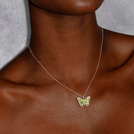 Tirafina Butterfly Pendant Necklace - Peridot Necklace with Created White Sapphire - Birthstone Necklace for Women - Pendant Necklace in Sterling Silver - Women’s Jewelry - 6x4 Oval Gemstones