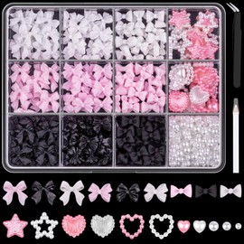 3D Nail Charms and Flatback Pearls #2, 600 Pcs Pink White Black Multi Styles Bowknot Charms + Pink&White Star Heart Nail Jewels + 2-6mm White Nail Pearls for Nail Art Design with Pickup Tools