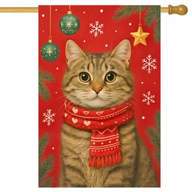 BlissYard Merry Christmas House Flag 28 x 40 Inch Double Sided Garden Flag with Tabby Cat Red Scarf and Green Ornaments for Holiday Yard Banner Porch Outdoor Decor