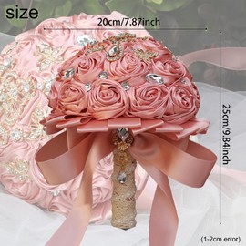 Artificial Everlasting Flower Hand Bouquet for Weddings and Photo Shoots, Crystal Peplum, Pink Rose Satin, Pearl Embellishments, Ribbon to Match, No Watering (Pink)