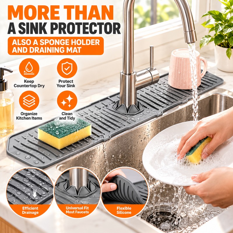 Silicone Faucet Mat for Kitchen & Bathroom Sinks – Quick-Drain