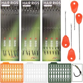 25pcs Carp Fishing Hair Rigs - Include Curved Barbed Carp Hook Anti-Tangle Swivel Braided Thread line, Card Boilie Bait Stops Dumbell Stoppers, Bait Needle Tool Carp Fishing Leader Rigging