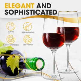 BERKWARE Wine Glass Set of 4 - Long Stem Red Wine Glasses - Elegant Gold Rim Wine Glasses - Premium Wine Glass Set - Crystal Red Wine Glasses for Parties and Special Occasions