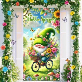 BlissYard Spring Gnome Door Banner 71x35 Inch Floral Bike Gnome Banner Background for Front Porch Spring Summer Decor