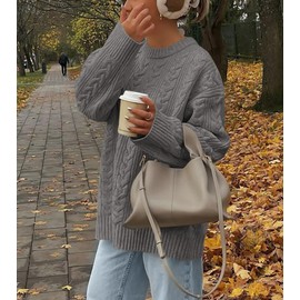 Okiwam Women's Oversized Sweaters Crewneck Cable Knit Pullover Casual Loose Fall Outfits Fashion Clothes 2025-S Grey