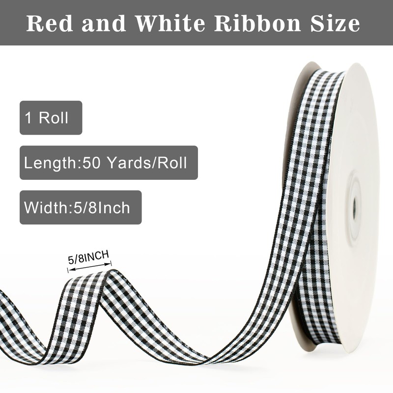 KINGLAKE Black and White Gingham Ribbon, 50Yd x 5/8" Checkered