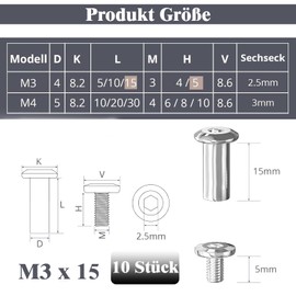 Pack of 10 connecting screws, M3 x 15 mm, stainless steel A2 V2A, furniture screws, sleeve nut with Allen keys, furniture connectors, cabinet connectors, suitable for connecting wooden boards