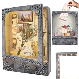 KWYADLUO 11x16 Shadow Box Frame with Light, Memorial Display Case with Shelves, Drawer and Slot for Keepsakes,Large Deep Shadow Box for Flowers and Pet Memorial,Grey