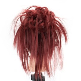 IMISSU 2 Pieces Messy Hair Bun Piece Updo Fake Hair Bobbles Extension Wavy Curly Hairpieces Chignon Headband (2 Pieces Burgundy)