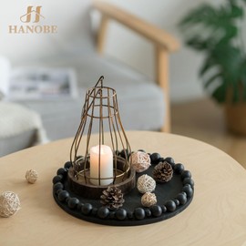 Hanobe Decorative Tray for Coffee Table: Round Beaded Wood Serving Tray for Ottoman Kitchen Counter Living Room Farmhouse Rustic 12 Inch Centerpiece Decor Black