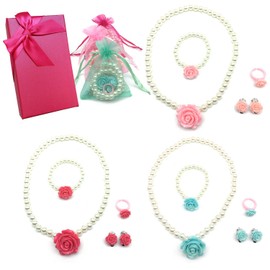 Elesa Miracle Girl Party Favor Pretend Play Princess Rose Pearl Jewelry Value Set - Necklace, Bracelet, Earrings, Ring