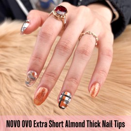 NOVO OVO Extra Short Almond Nail Tips, Thick Full Cover False Fake Nails Press on, Soft Gel Clear Surface Matte Inside, French Tip Acrylic Extension for Manicure Salon DIY x 16 Sizes 224 pcs