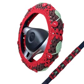 Handmade Crochet Cute Cherry Car Steering Wheel Covers Universal 14-15 inch for Women and Men (Steer Wheel Cover+ 2 Belt Cover)