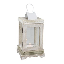 Stonebriar Coastal Wooden Candle Lantern with Nautical Rope Detail, 8 Inches, White
