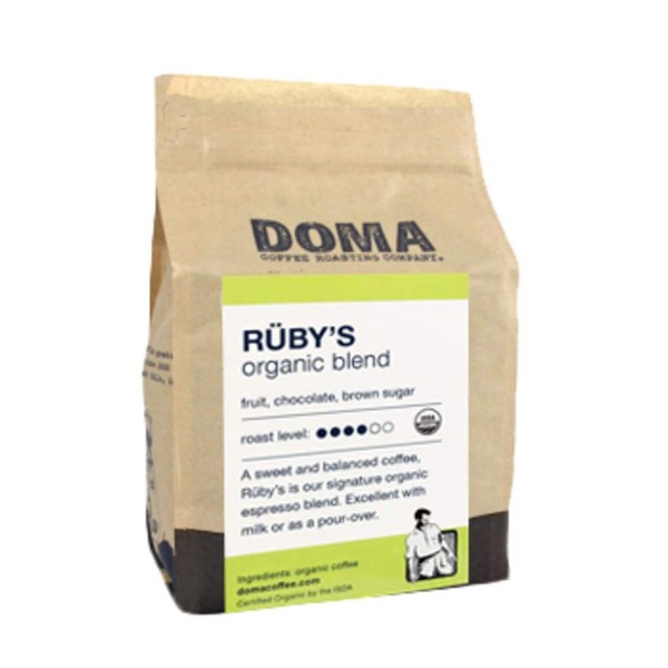 Doma Coffee "Ruby's Organic Espresso" Medium Roasted Fair Trade Organic Whole Bean Coffee - 12 Ounce Bag