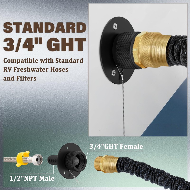 MINGOR-Style RV City Water Inlet with Check Valve Matte Black