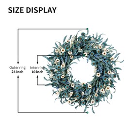wwmira 24 Inch Blue Daisy Flower Wreaths for Front Door - Spring Summer Wreath with White Floral, Blue Eucalyptus Leaves &Lavender Farmhouse Indoor Outdoor Decor for Porch, Patio & Entryway