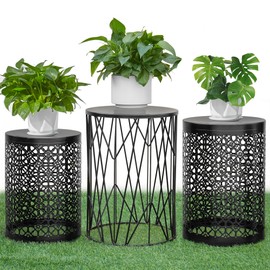 Y&M Set of 3 Black Round Nesting Tables, Multifunctional Coffee Table End Table, Side Table for Indoor, Outdoor Garden Stool-Carbon Black(Ship from US)