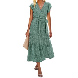 BTFBM Women Summer Bohemian Floral Casual Wrap V Neck Ruffle Cap Sleeveless Belt A-Line Pleated Hem Swing Midi Sun Dress (Dark Green, XX-Large)