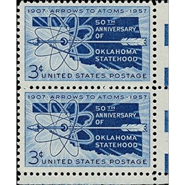 1957 50th Anniversary of Oklahoma Statehood 3 Postage Stamp (Arrow Piercing Atomic Symbol) (2 Stamps)