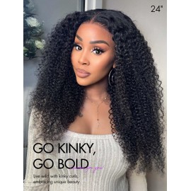 LUVME Human Hair Wigs Glueless 5x5 Curly Wig Human Hair Pre Cut Pre Plucked Bleached Knots Glueless Wig 150 Density Natural Black 16 Inch Kinky Curly Wig for Women