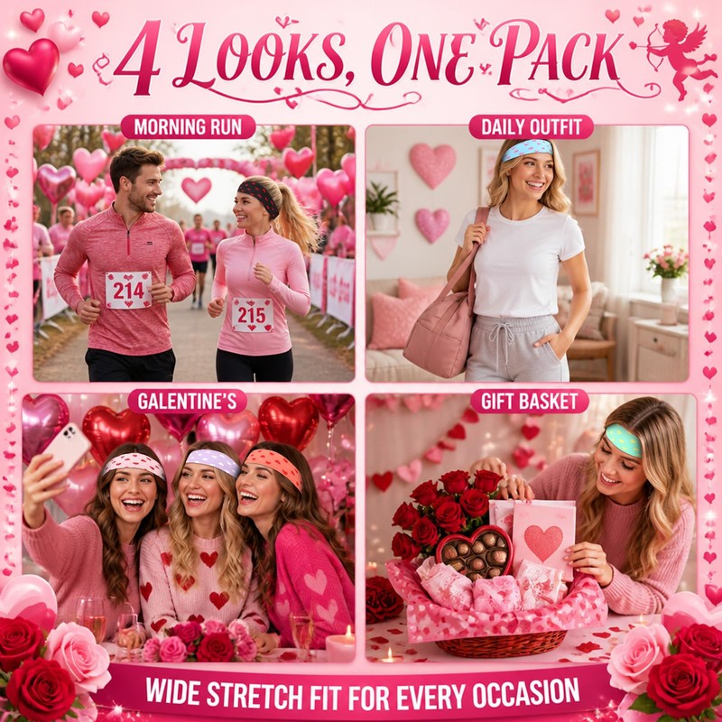 Heart Headbands for Women Elastic Non Slip Valentines Day Headbands
